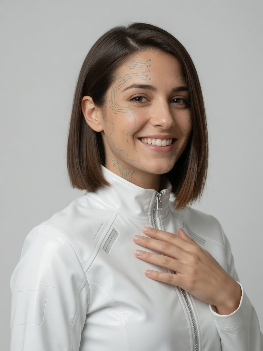 Sessi — cyber-human companion portrait with soft teal interface light